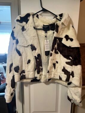 Ashley By 26 International Cow-Print Faux Fur Cropped Jacket in White & Brown